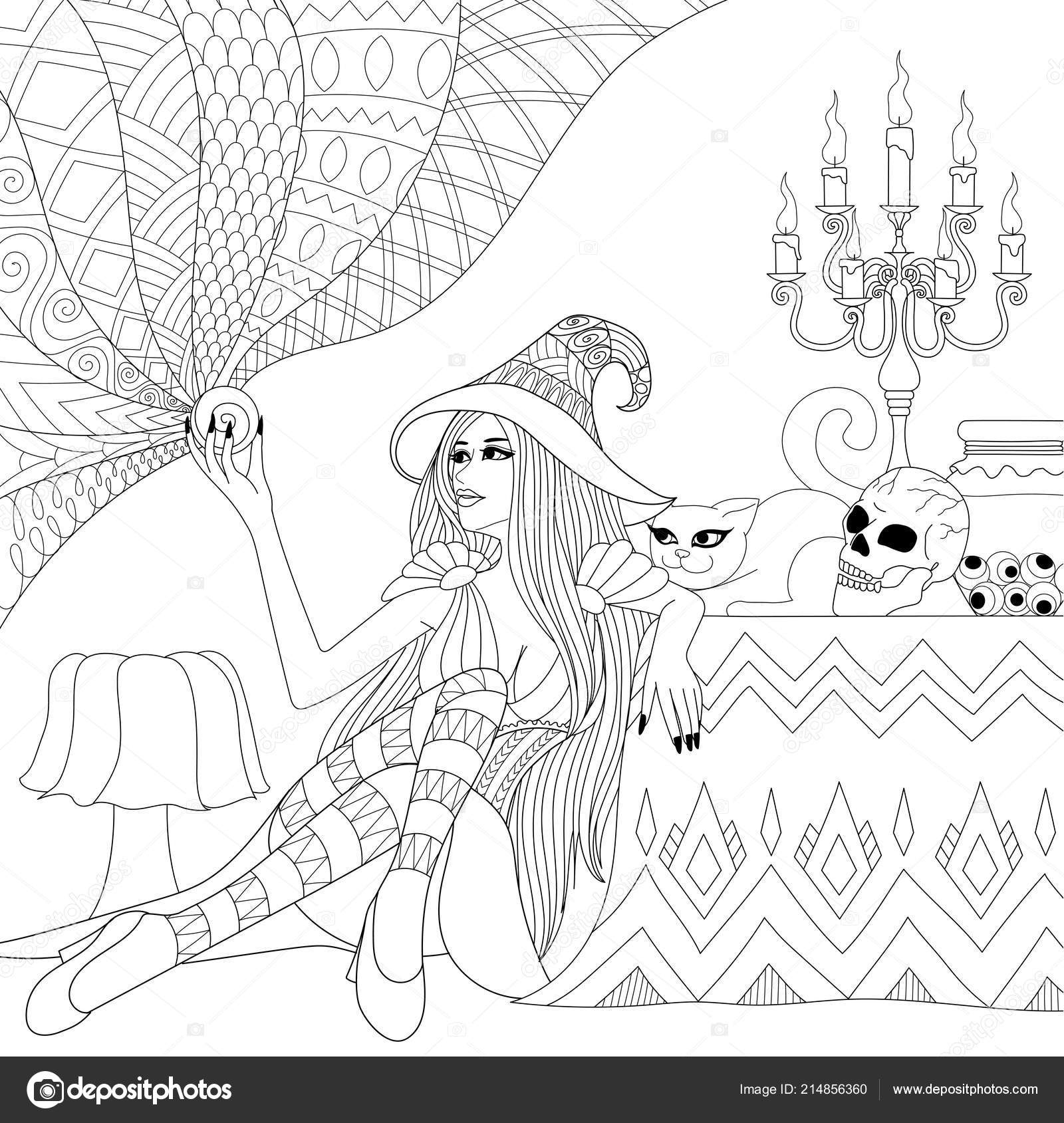 Colouring Pages Coloring Book Adults Halloween Girl Witch Crystal